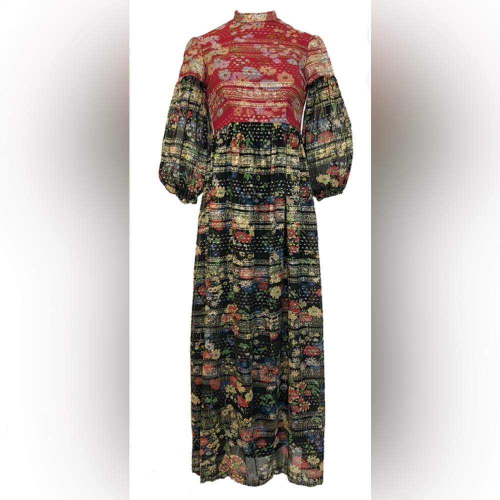 Vintage 60's Mollie Parnis Floral Maxi Dress Sz 8 M Balloon Sleeve Gold Metallic - Picture 16 of 16